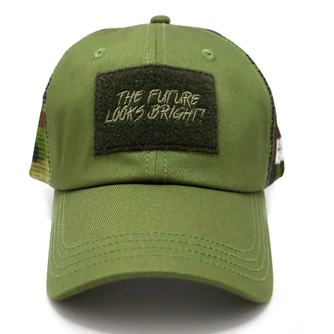 Future Looks Bright Army Green Camo Trucker Patch Snapback Hat - Image 4