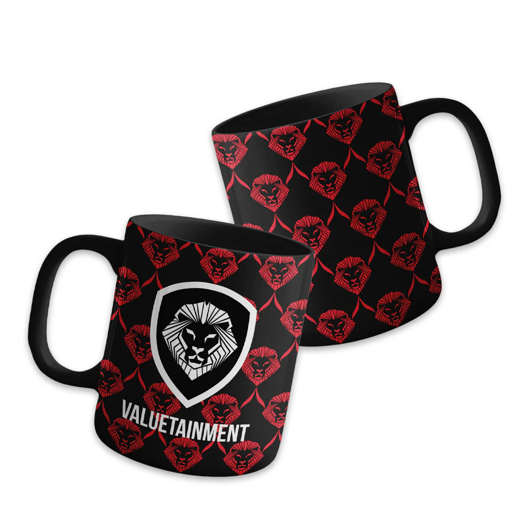 Future Looks Bright Black and Red Allover Print Lion Shield Mug - Image 3