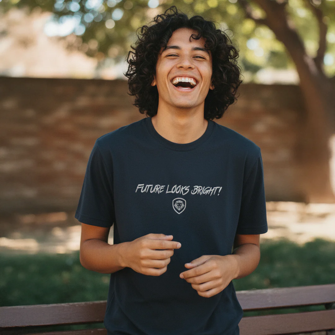 Future Looks Bright fully embroidered Navy & Silver Print Performance Short Sleeve T-Shirt - Image 3