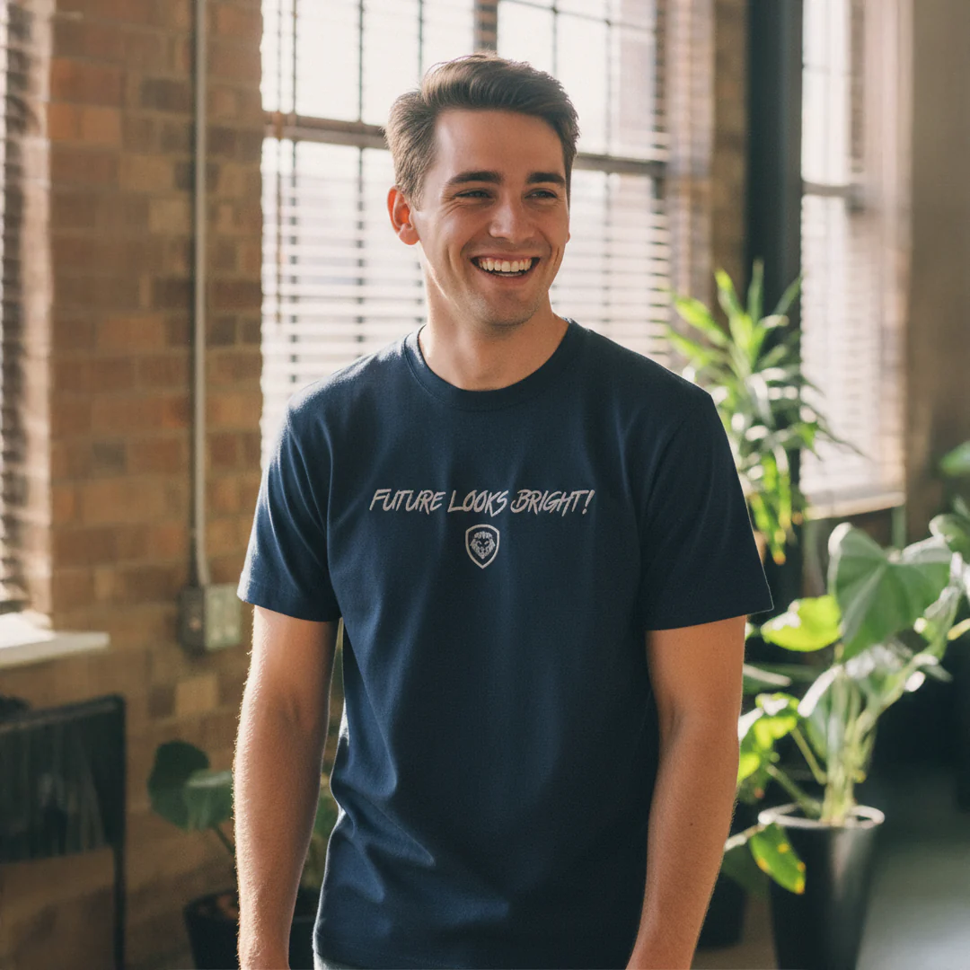 Future Looks Bright fully embroidered Navy & Silver Print Performance Short Sleeve T-Shirt - Image 5