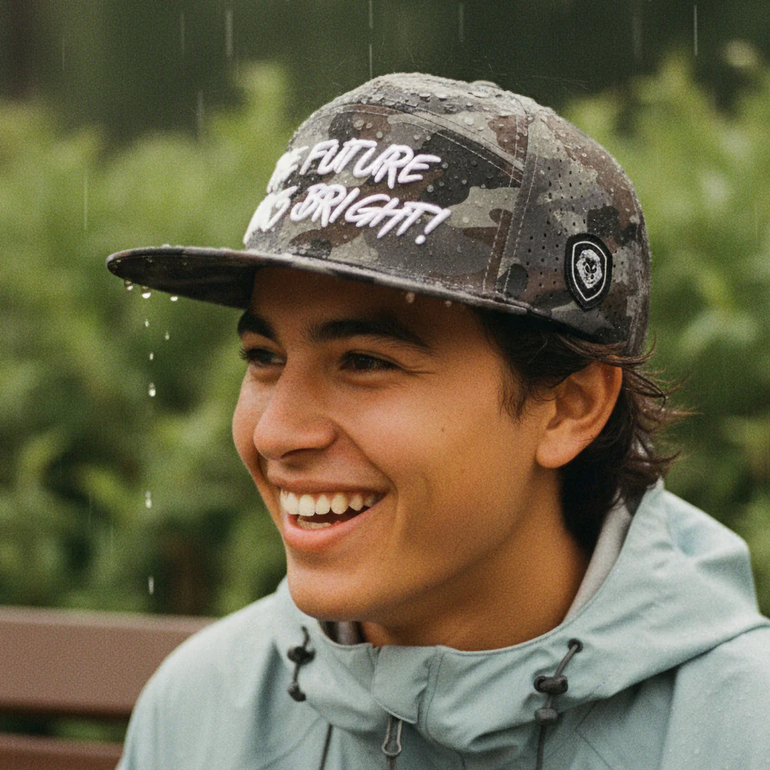 Future Looks Bright Light Brown Camo Flat Bill Waterproof perforated Snapback Hat - Image 5