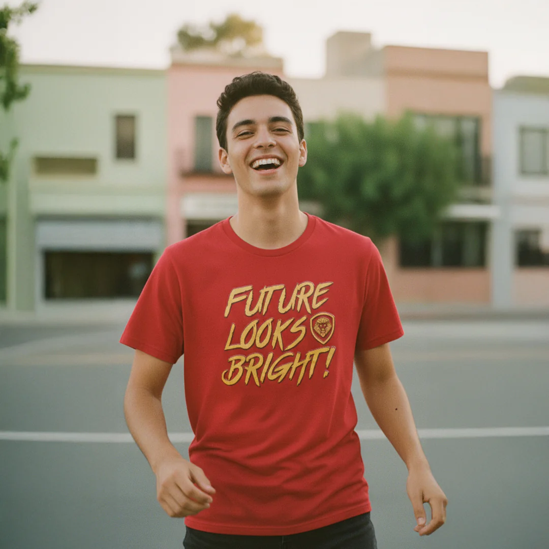 Future Looks Bright  Red & Gold Raised Embossed Print Performance Short Sleeve T-Shirt - Image 5