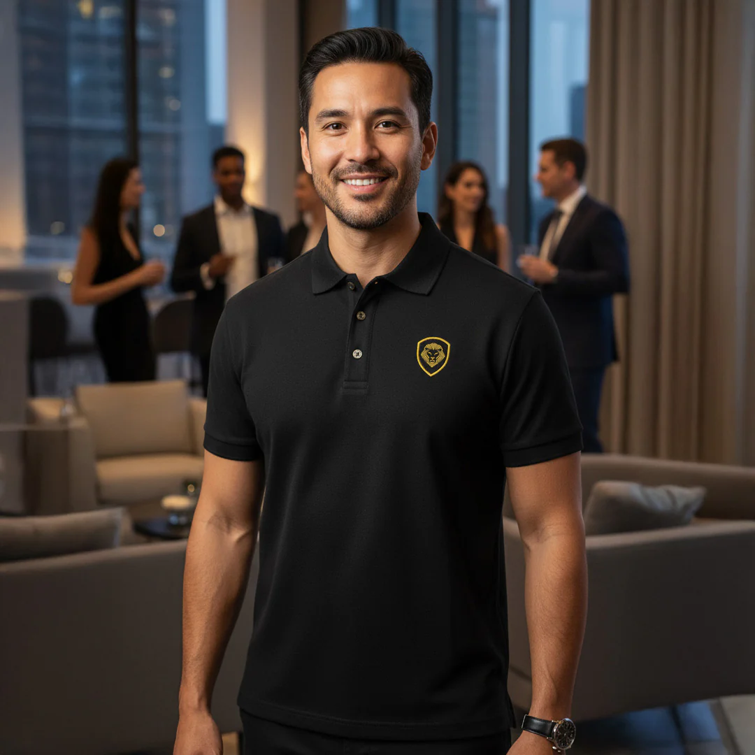 Future Looks Bright Lion Shield Logo Premium Black and Gold Polo Shirt (Classic Fit) - Image 3