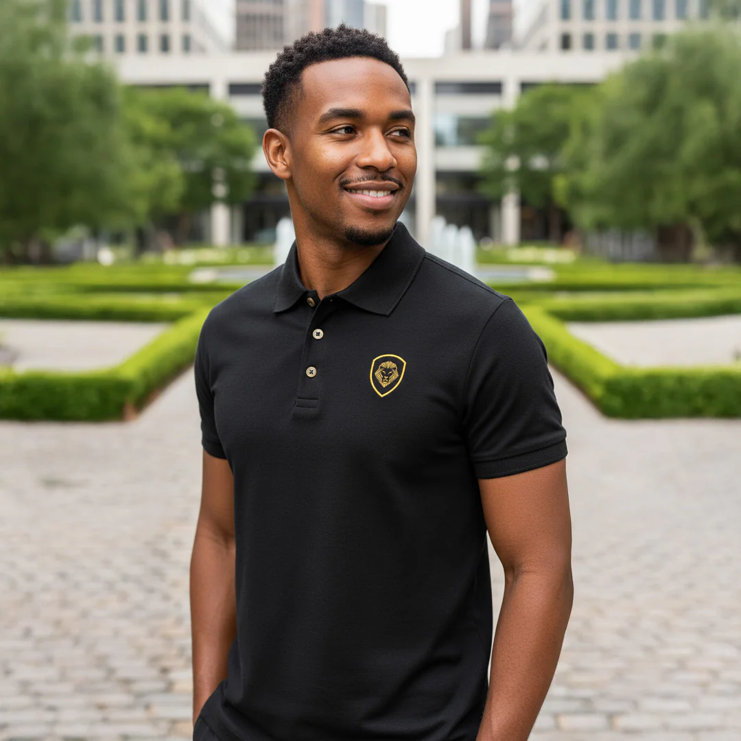 Future Looks Bright Lion Shield Logo Premium Black and Gold Polo Shirt (Classic Fit) - Image 4