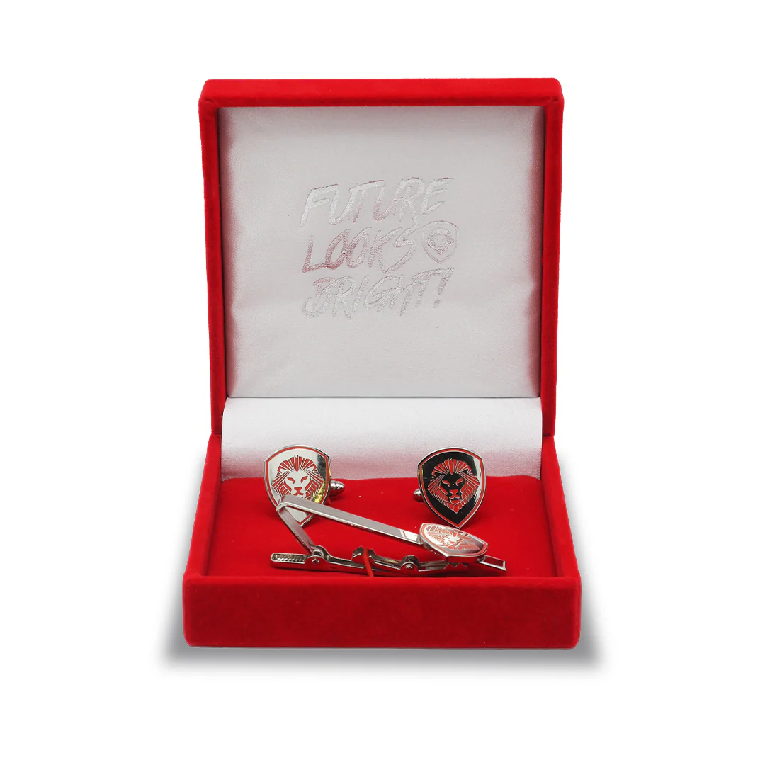 Lion Shield Valuetainment Red & Silver Cufflink & Tie Bar Set - Image 7