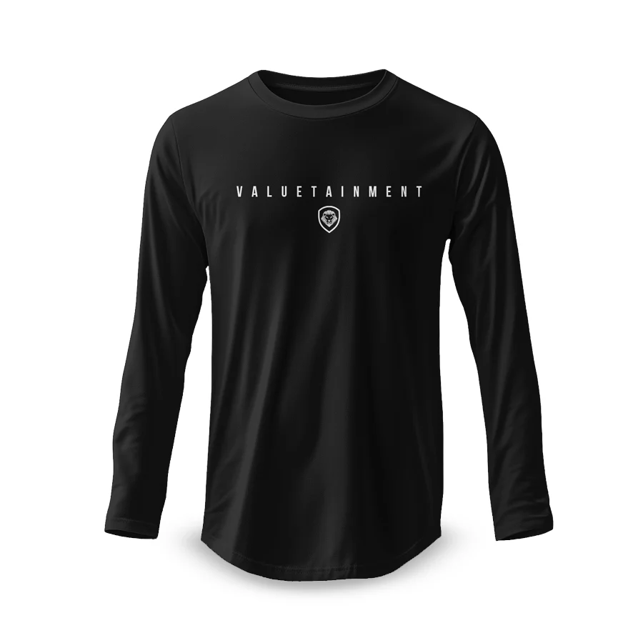 Valuetainment Premium Black Curved Hem Long Sleeve T-Shirt - Image 3