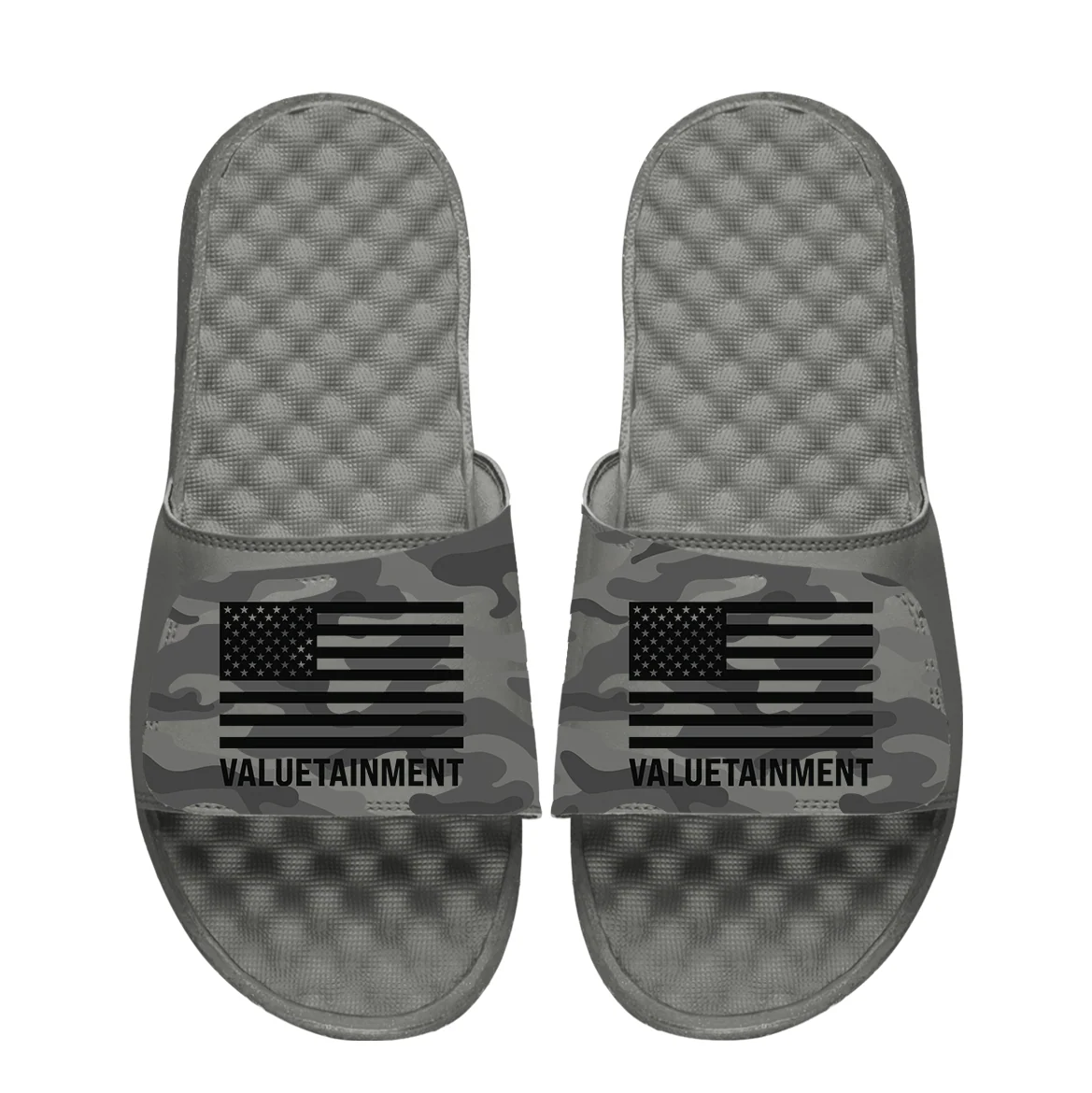 Valuetainment Patriotic USA Flag Gray Camo Comfort Slides - Image 3